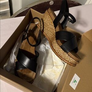 Sofft Black Leather Cross-Strap Wedge Sandals with Braided Platform